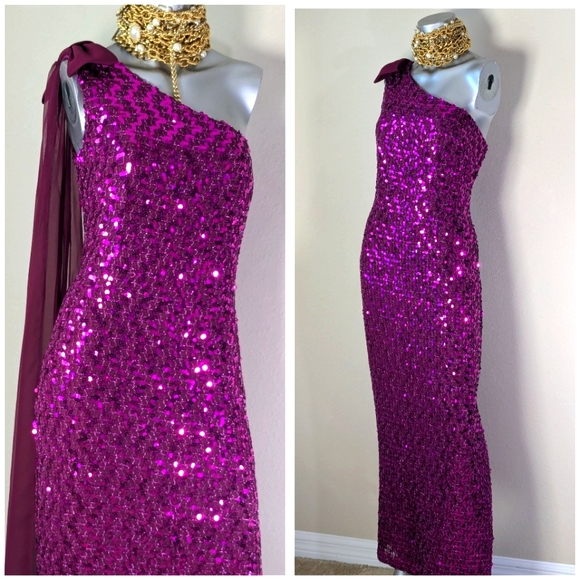 Off Shoulder Sequin Cocktail Evening Attached Chiffon Bow Side Split VTG Dress - Picture 5 of 12